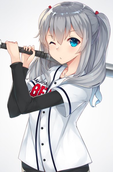 Anime picture 1049x1600 with kantai collection kashima training cruiser mhong single long hair tall image looking at viewer blush fringe open mouth blue eyes simple background hair between eyes silver hair parted lips one eye closed grey background alternate costume baseball girl