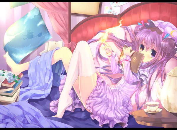 Anime picture 1771x1300 with touhou patchouli knowledge cube (maryquant) single long hair looking at viewer highres purple eyes purple hair barefoot legs girl thighhighs dress white thighhighs book (books) fire flame