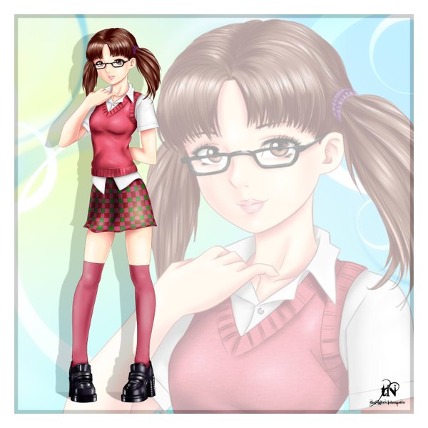 Anime picture 3000x3000 with thenightwishmaster single looking at viewer highres short hair brown hair twintails brown eyes lips girl thighhighs skirt uniform school uniform glasses shoes sweater