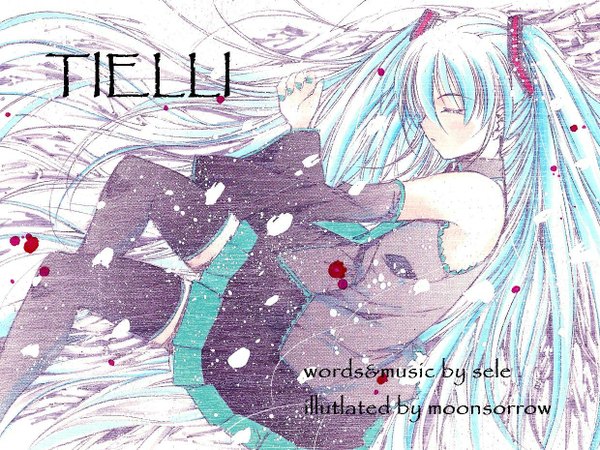 Anime picture 1240x930 with vocaloid hatsune miku moonsorrow long hair twintails blue hair very long hair sleeping girl thighhighs skirt detached sleeves