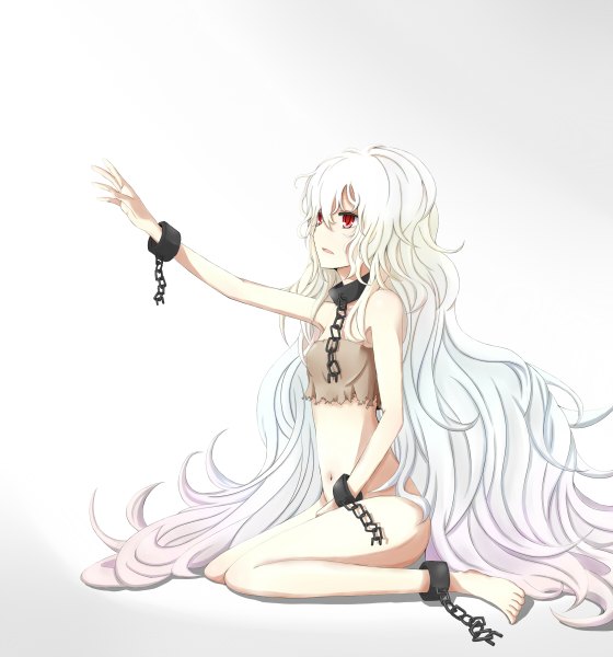 Anime picture 1120x1200 with original azure luna single tall image light erotic simple background red eyes white background white hair very long hair girl navel shackles