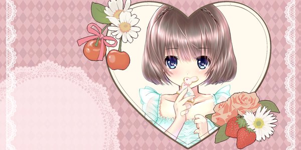 Anime picture 1252x626 with original tenmitsuyuka blush short hair blue eyes brown hair wide image girl dress flower (flowers) food heart berry (berries) cherry