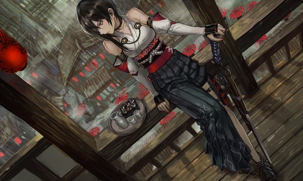 Anime picture 1500x900 with original pixiv fantasia pixiv fantasia t infukun fringe short hair breasts black hair hair between eyes wide image sitting looking away full body nail polish traditional clothes parted lips japanese clothes arm support grey eyes dutch angle