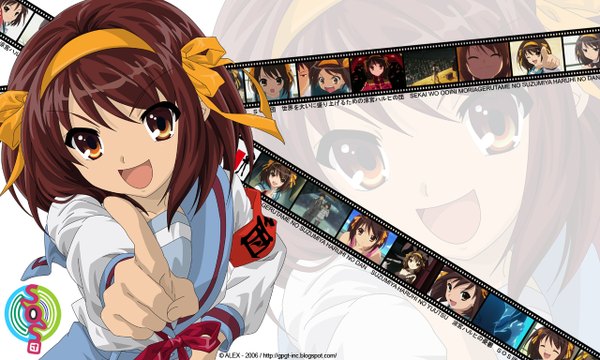 Anime picture 1280x768 with suzumiya haruhi no yuutsu kyoto animation suzumiya haruhi wide image pointing girl
