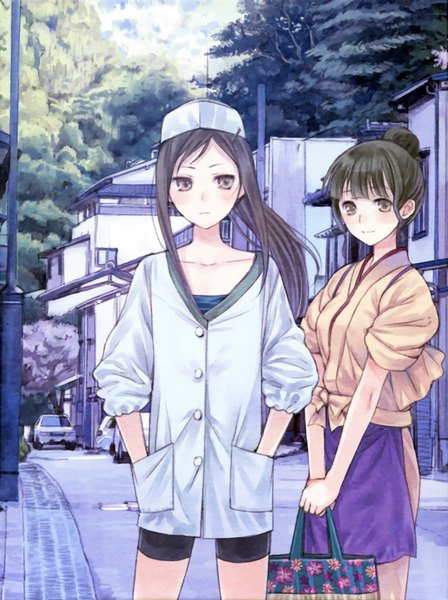 Anime picture 1681x2252 with hanasaku iroha p.a. works oshimizu nako tsurugi minko kishida mel long hair tall image blush black hair smile multiple girls brown eyes japanese clothes official art hands in pockets street girl hair ornament 2 girls plant (plants)