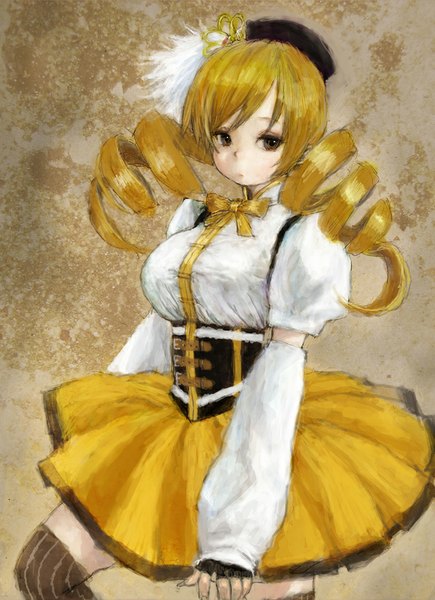 Anime picture 726x1000 with mahou shoujo madoka magica shaft (studio) tomoe mami pon00000 (pixiv) single long hair tall image breasts blonde hair large breasts twintails brown eyes looking away low twintails drill hair underbust girl thighhighs skirt gloves
