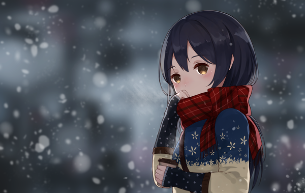 Anime picture 3401x2151 with love live! school idol project sunrise (studio) love live! sonoda umi gkn levi single long hair looking at viewer blush highres black hair brown eyes absurdres blurry depth of field snowing winter covered mouth girl scarf
