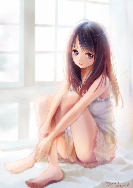 Anime picture 1044x1476 with original dorris single long hair tall image looking at viewer blue eyes black hair sitting signed barefoot bare legs girl dress sundress