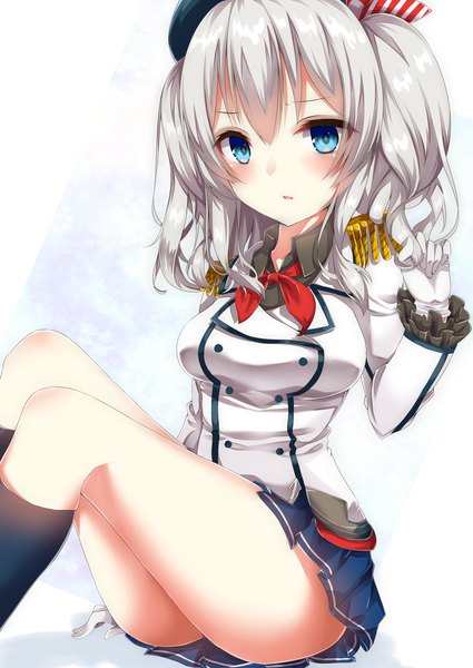 Anime picture 2507x3541 with kantai collection kashima training cruiser amane tari single tall image looking at viewer blush fringe highres short hair blue eyes hair between eyes white background sitting silver hair parted lips :o two side up girl gloves