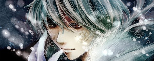 Anime picture 1362x545 with sound horizon hiver laurant dolcexxx single short hair red eyes wide image grey hair snowing close-up boy gloves