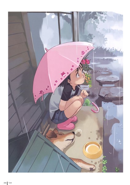 Anime picture 1805x2560 with takamichi tall image highres short hair black hair sitting absurdres rain girl flower (flowers) plant (plants) shorts window umbrella dog house