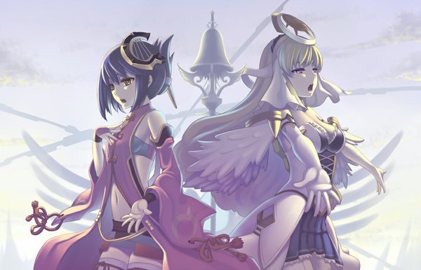 Anime picture 1089x700 with ar tonelico ar tonelico ii gust (company) chroche latel pastalie luca truelywaath terumii long hair fringe short hair breasts open mouth blonde hair large breasts purple eyes bare shoulders multiple girls brown eyes blue hair cleavage traditional clothes