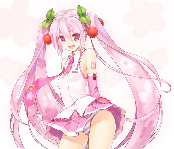 Anime picture 2060x1770 with vocaloid hatsune miku sakura miku wacchi single highres open mouth light erotic simple background white background purple eyes pink hair cherry blossoms girl skirt underwear panties detached sleeves miniskirt necktie