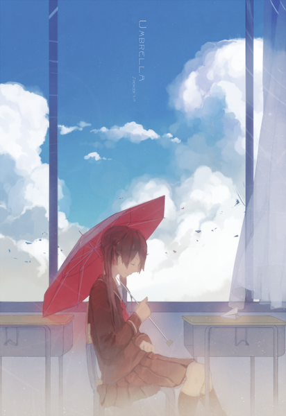 Anime picture 670x974 with original spencer sais single long hair tall image smile brown hair sitting twintails holding sky cloud (clouds) bent knee (knees) eyes closed profile pleated skirt girl skirt uniform socks