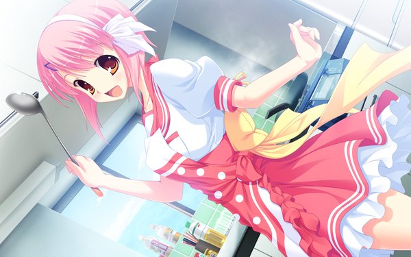 Anime picture 1280x800 with zutto tsukushite ageru no! yagihara nanami short hair open mouth wide image brown eyes pink hair game cg looking back cooking girl uniform school uniform hairband apron kitchen