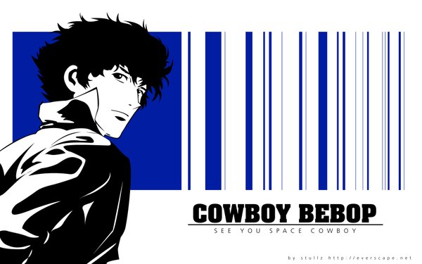 Anime picture 1920x1200 with cowboy bebop sunrise (studio) spike spiegel highres short hair wide image looking back inscription wallpaper monochrome boy barcode