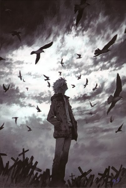 Anime picture 1576x2337 with neon genesis evangelion end of evangelion gainax nagisa kaworu sadamoto yoshiyuki single tall image fringe short hair standing signed sky cloud (clouds) grey hair official art monochrome looking up hands in pockets hair over eyes boy