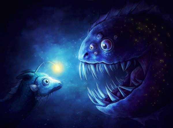 Anime picture 1314x972 with original sanguisgelidus open mouth teeth glowing blue background face to face sharp teeth animal fish (fishes)