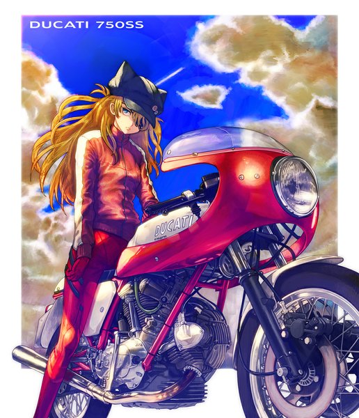 Anime picture 860x1000 with neon genesis evangelion rebuild of evangelion evangelion: 3.0 you can (not) redo gainax ducati soryu asuka langley shikinami asuka langley boyaking(sbf) single long hair tall image blue eyes looking away sky cloud (clouds) orange hair border outside border girl gloves