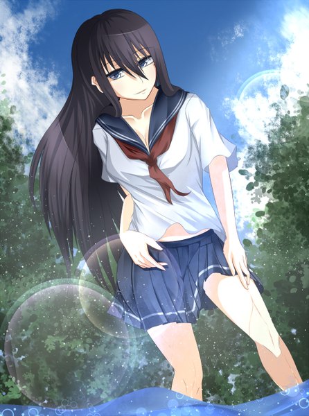 Anime picture 1000x1345 with original karube karu single long hair tall image blue eyes black hair girl skirt miniskirt water serafuku