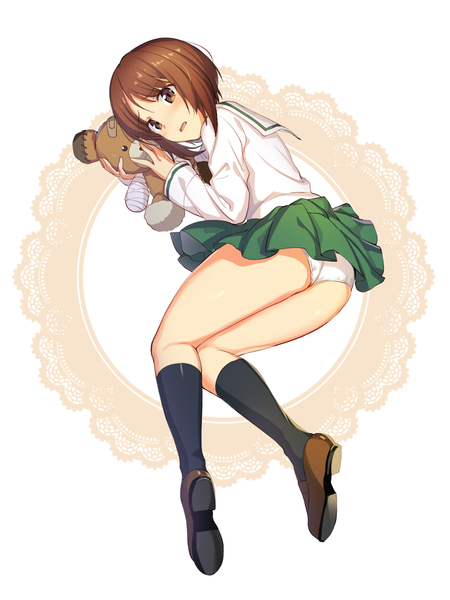 Anime picture 1125x1500 with girls und panzer nishizumi miho ikomochi single tall image short hair open mouth light erotic brown hair white background brown eyes full body pantyshot girl uniform underwear panties socks serafuku shoes