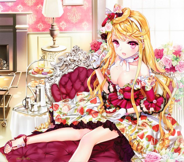 Anime picture 4585x4050 with sword girls cinia pacifica cocoon (loveririn) single long hair looking at viewer blush highres breasts open mouth light erotic blonde hair sitting absurdres cleavage pink eyes food print strawberry print girl dress