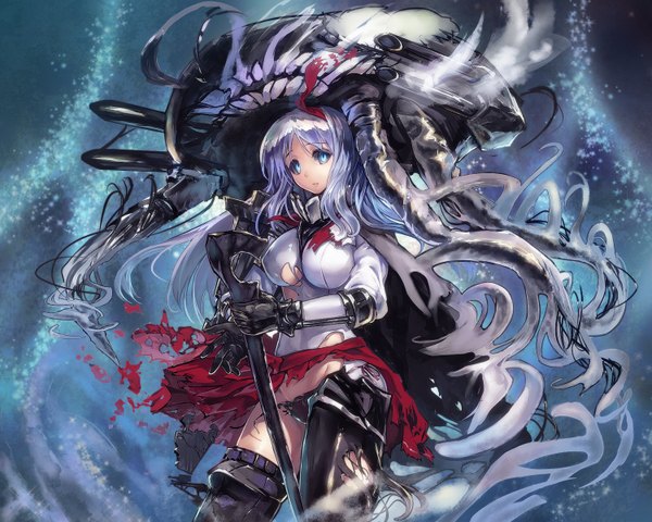 Anime picture 1500x1200 with kantai collection wo-class aircraft carrier chikokuma single long hair breasts light erotic large breasts standing looking away aqua eyes aqua hair teeth torn clothes shinkaisei-kan girl gloves weapon armor monster