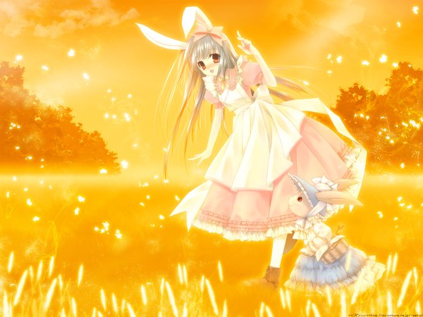 Anime picture 1600x1200 with long hair looking at viewer blush open mouth red eyes silver hair field girl dress plant (plants) animal petals tree (trees) basket
