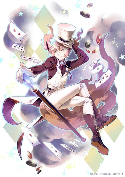 Anime picture 634x900 with nabi3 single tall image short hair smile animal ears yellow eyes pink hair full body tail animal tail cat ears from below crossed legs adjusting hat boy gloves shirt white gloves knee boots