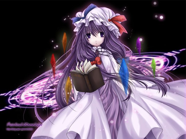 Anime picture 1000x750 with touhou patchouli knowledge x20285 single long hair looking at viewer purple eyes purple hair magic girl dress book (books) bonnet crystal magic circle