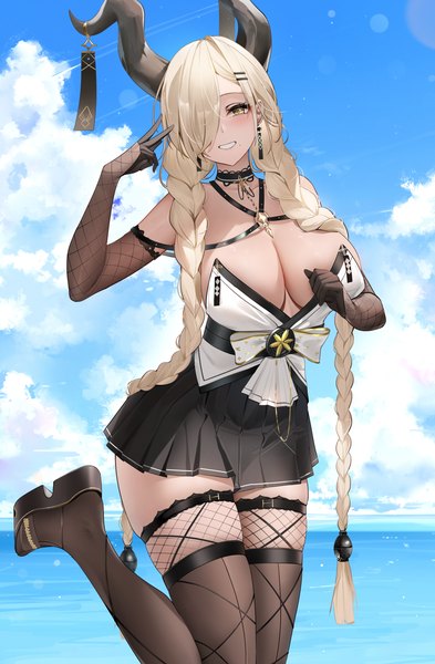Anime picture 3072x4687 with azur lane owari (azur lane) qing wu single tall image looking at viewer blush fringe highres breasts light erotic blonde hair smile large breasts standing yellow eyes absurdres sky cleavage cloud (clouds)