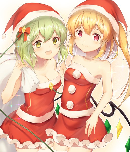 Anime picture 2316x2702 with touhou flandre scarlet komeiji koishi nenobi (nenorium) tall image looking at viewer highres short hair breasts open mouth blonde hair smile bare shoulders multiple girls yellow eyes cleavage :d pink eyes green hair sparkle