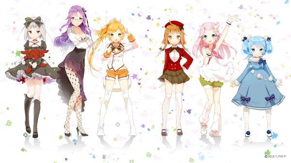 Anime picture 1280x720 with anmi long hair blush short hair open mouth blonde hair red eyes wide image purple eyes multiple girls blue hair pink hair purple hair white hair loli 6+ girls 6 girls girl thighhighs dress