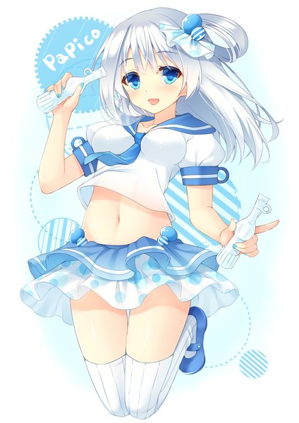 Anime picture 1240x1754 with original papico (ice cream) papico miko (royal milk) single long hair tall image looking at viewer open mouth blue eyes white background white hair midriff girl thighhighs skirt navel striped thighhighs sailor suit