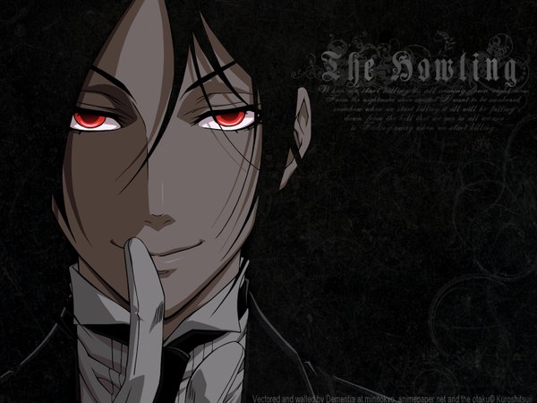 Anime picture 1600x1200 with kuroshitsuji a-1 pictures sebastian michaelis single looking at viewer fringe short hair black hair smile hair between eyes red eyes shadow copyright name text finger to mouth black background portrait english boy gloves