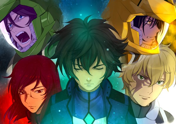 Anime picture 1129x800 with mobile suit gundam mobile suit gundam 00 sunrise (studio) tieria erde setsuna f seiei lockon stratos allelujah haptism graham aker mosako (artist) long hair short hair open mouth blue eyes black hair blonde hair red eyes green eyes yellow eyes purple hair red hair