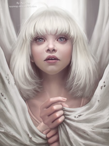Аниме картинка 1536x2048 с реальная жизнь maddie ziegler айя сапарниязова один (одна) высокое изображение смотрит на зрителя чёлка короткие волосы подписанный белые волосы ногти губы реалистичный серые глаза лицо девушка