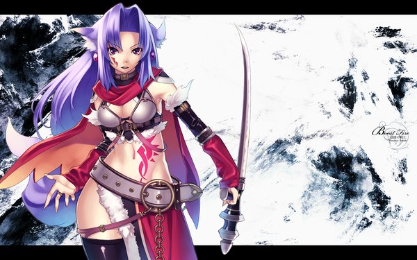 Anime picture 1920x1200 with original hirano katsuyuki hiiragi ryou single long hair looking at viewer highres open mouth wide image purple eyes animal ears purple hair tattoo wallpaper facial mark girl thighhighs navel weapon black thighhighs