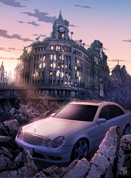 Anime picture 1240x1677 with original mercedes-benz tokyogenso tall image sunlight evening sunset no people landscape ruins destruction post-apocalyptic overgrown product placement building (buildings) clock ground vehicle stone (stones) car tower