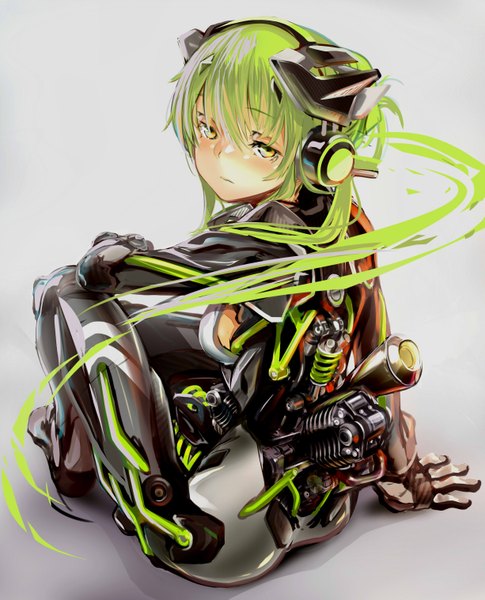 Anime picture 2450x3033 with original afukuro single tall image looking at viewer blush fringe highres simple background sitting yellow eyes bent knee (knees) looking back green hair grey background shadow hand on knee mechanical girl wire (wires)