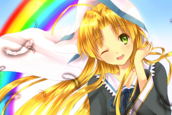 Anime picture 1200x800 with highschool dxd asia argento single long hair open mouth blonde hair green eyes ahoge one eye closed wink girl feather (feathers)