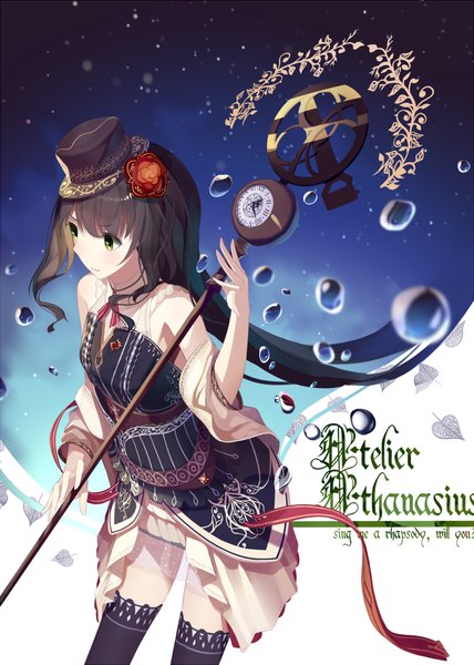 Anime picture 750x1050 with original atha (leejuiping) single long hair tall image black hair green eyes looking away girl thighhighs dress hair ornament black thighhighs hat bubble (bubbles) staff