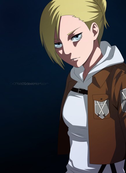 Anime picture 1024x1412 with shingeki no kyojin production i.g annie leonhart exdniva09 single tall image looking at viewer short hair blue eyes blonde hair coloring dark background girl jacket hood