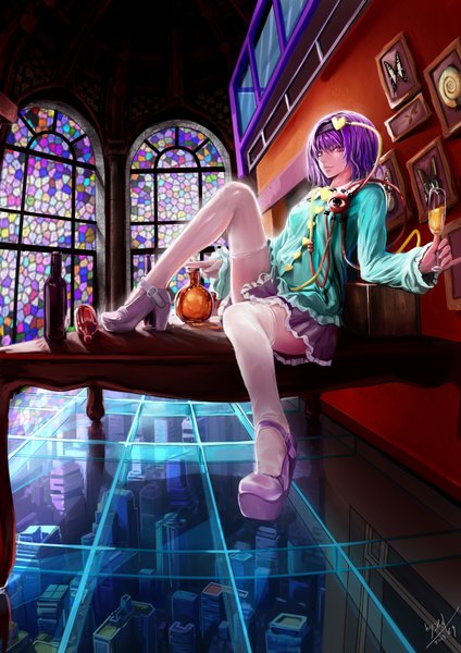 Anime picture 2480x3507 with touhou komeiji satori b1944 single tall image looking at viewer highres sitting purple eyes holding signed purple hair bent knee (knees) indoors arm up light smile high heels city cityscape foreshortening