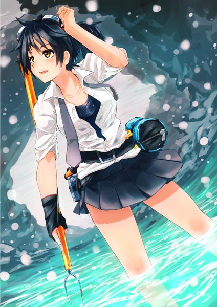 Anime picture 1000x1414 with original sonjow4 single tall image short hair open mouth black hair brown eyes looking away girl miniskirt shirt water
