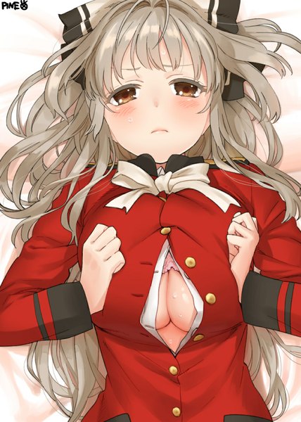Anime picture 800x1120 with amagi brilliant park kyoto animation sento isuzu pine single long hair tall image looking at viewer blush fringe breasts light erotic blonde hair brown hair signed ahoge lying open clothes on back breast press