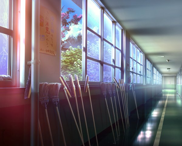 Anime picture 1280x1024 with original aalge highres sky no people scenic plant (plants) tree (trees) window broom school cleaning brush