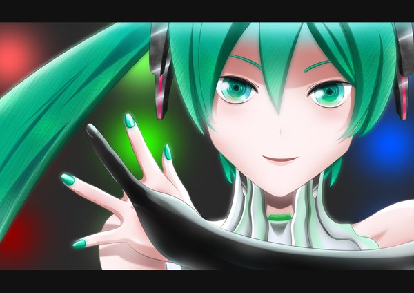 Anime picture 4092x2893 with vocaloid hatsune miku brianchan.t.w single long hair highres smile twintails green eyes absurdres nail polish parted lips green hair close-up green nail polish girl gloves black gloves