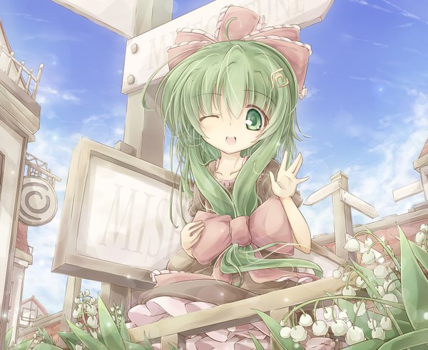 Anime picture 1600x1308 with touhou kagiyama hina itsutsuki single long hair open mouth green eyes one eye closed green hair wink girl bow plant (plants) hair bow house