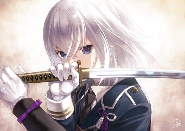 Anime picture 1403x1000 with touken ranbu nitroplus honebami toushirou capriccio single looking at viewer fringe short hair simple background hair between eyes signed silver hair upper body dated covered mouth weapon over shoulder boy gloves weapon sword